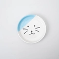 Ceramic elevated cat bowl with white finish and light blue minimalist cartoon cat face - Blue Cat Face Plate
