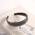 Elegant black wide headband with rhinestone checkerboard pattern and non-slip inner teeth - Checkered Black White
