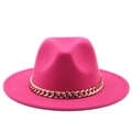 Close-up of rose pink fedora hat featuring wool texture and decorative gold chain - Rose Red
