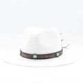 Sombrero de paja Panama blanco para mujer con ala ancha y banda de cuero turquesa - M (56-58cm) / Blanco puro