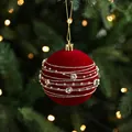 Nordic 8cm red flocked Christmas ball ornament with gold beads and silver stars - Beaded String Christmas Ball