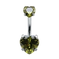 Olive green heart-shaped zirconia navel ring crafted in polished titanium steel - Olive Green