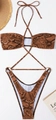 Detail of snake skin pattern bikini with gold metal ring accents and crossover halter straps - Brown Snakeskin