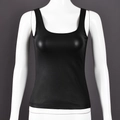 Detail of black U-neck tank top with glossy coated finish on white mannequin stand - S / Black