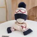Close-up of knit winter hat and scarf set with navy pompom and striped patterns - Hat Scarf Set / Navy Blue