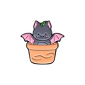 Emaille-Anstecknadel mit Fledermaus im Pflanzgefäß und rosa Flügelakzenten - Fledermaus im Topf