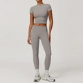 Women's 2-piece brushed yoga set in charcoal grey featuring crop top and leggings - S / Top And Bottom / Short Sleeve + Leggings / Frost Grey