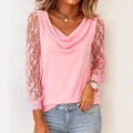 Chemisier rose à manches longues avec col bénitier et détails en dentelle pour femme - S / Rose