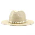 Detail of classic straw sun hat featuring a sophisticated white pearl chain embellishment - Beige