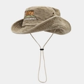 Detail of embroidered bear logo and California Republic text on khaki bucket hat - Khaki