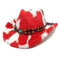 Detail of red and white cow print cowboy hat with wooden beads and turquoise stone - Heart Top / Red