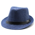 Klassischer dunkelblauer Strohhut Fedora mit schwarzem Kunstlederband und Silberschnalle - M(56-58cm) / Marineblau