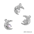 Silver crescent moon and cat alloy pendant with iridescent moonstone 20x15mm - AB Color Moon Silver Cream Stone