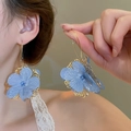 Detail of blue chiffon flower earrings with gold hooks and shimmering resin petals - 79# Ear Hook-Blue