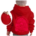 Kids red hoodie with Everything Comes in Waves print and palm tree logo on back - Red/Pink Print / 100cm