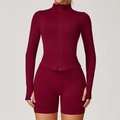 Ensemble yoga bordeaux pour femme avec veste zippée côtelée et passe-pouces - Rouge Cerise