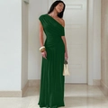Elegant dark green one shoulder ruched bodycon dress with modern slim fit design - Green