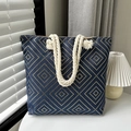 Dark blue tote bag with golden geometric pattern and thick hemp rope handles - Gold Greek Key