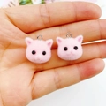 Pink flocked cat head charm with metal ring for DIY jewelry making and keychains - Pink Cat