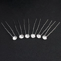 Detailed view of six silver U-shaped hair pins with sparkling rhinestones on black - Minimalist Round Rhinestone Style (HS-J3749) / 6Pcs/Set / Silver