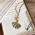 Bohemian ginkgo leaf pendant necklace with bronze metal and natural wooden bead - Gold Brown Ginkgo Leaf Style