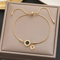 18k gold adjustable chain bracelet with black enamel disc and Roman numeral details - Gold Slider Disc Pendant Style (5240)
