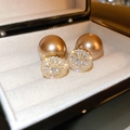 Macro shot of vintage gold pearl earrings with zircon inlay in a velvet jewelry box - 27# Gold Champagne Zirconia Pearl Studs