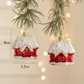 Pair of red 6cm Christmas house ornaments with white snow glitter on pine branches - House (Set of 2)