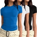 Dreierpack Damen Slim Fit T-Shirts mit Rundhalsausschnitt in Schwarz, Weiß und Blau - XS / Oberteile / 3er-Pack / Kurzarm Blau Schwarz Weiß
