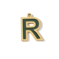 Macro shot of letter R gold pendant with dark green enamel and beaded edge detail - Letter R Style (VG289-Rx3)