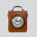 Brown vintage clock shape handbag with roman numeral dial and bronze metallic handle - Dark Brown