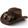 Steampunk brown suede cowboy hat with gear goggles and spikes for cosplay events - M(56-58cm) / Coffee