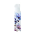 Detail of the blue and purple floral print on a white strapless maxi dress fabric - Purple