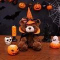 Brown Teddy Bear in orange wizard hat and cape for Halloween gift and festive decor - Dark Brown Bear - Orange Collar Cape