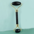Dubbelzijdige gezichtsroller van zwarte obsidiaan met gouden metalen montuur - Natuurlijke Jade / Dubbele Kop Jade Roller Zwart