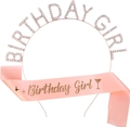 Pink Birthday Girl sash and rose gold rhinestone headband set with wine glass icon - Rose Gold Satin Set