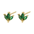 Elegant gold leaf earrings with green marquise stones and zircon micro-inlay - Gold Three-Stone Leaf