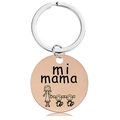 Detailed view of rose gold round pendant keychain with Spanish engraving Mi Mama and figures - Rose Gold Keychain (Y00038)