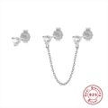 Orecchini asimmetrici in argento S925 con catena e zirconi per doppi fori al lobo - Oro Bianco