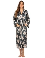 Detail of navy blue satin floral robe featuring long sleeves and smooth silk texture - Teal with White Floral Print