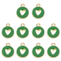 Set of 10 gold-plated hollow heart pendants with green enamel in a grid layout - Green