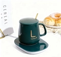 Green thermostatic cup warmer set with ceramic mug and golden spoon on a table - Set (3-Speed/USB) / Dark Green