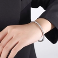 Silver bead cuff bracelet in stainless steel with elegant bamboo design on female model - Z138 Steel Color Round Bead Bangle