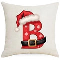 Housse de coussin de Noël avec lettre B rouge et bonnet de Noël sur tissu en lin beige - Lettre B
