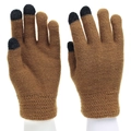Detailed close-up of brown knit gloves with black touchscreen conductive fingertips - Caramel color
