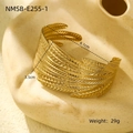 Detailed view of golden feather-textured steel cuff bracelet with dimensions and weight - Feather Texture (NMSB-E255-1)
