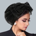 Women's pleated black turban hat featuring a large hand-stitched glittery bow design - Black