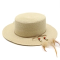 Detail of woven straw boater hat featuring feather pendants and colorful beads - M (56-58cm) / Beige