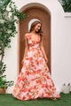 Pink floral print deep V-neck dress with ruffled straps and high waist long flowy skirt - M / Swimwear Set (Swimsuit + Skirt) / Red Floral