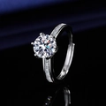 Silver ring with round brilliant cut center stone and side diamonds in six-prong setting - Platinum Ljz-239 / Adjustable Open